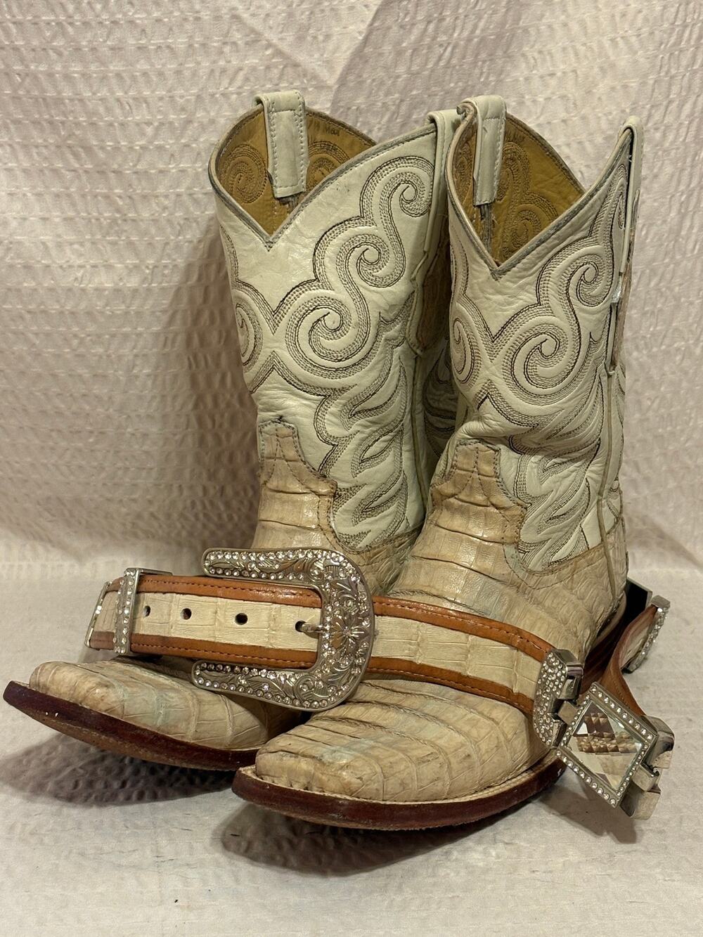 VTG 80’s Bilbo Doble Vida Caiman Leather Western Long Toe Boots Men’s 8.5 Belt